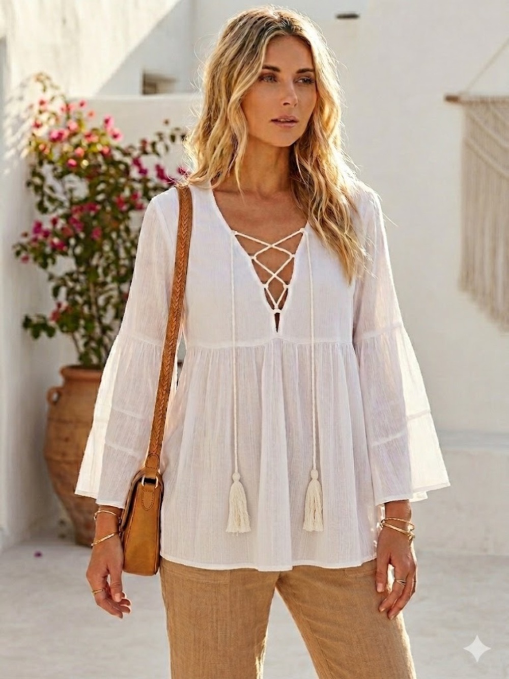 Show Me Your MuMu Poet Tie Top White Boho Blouse, Size small